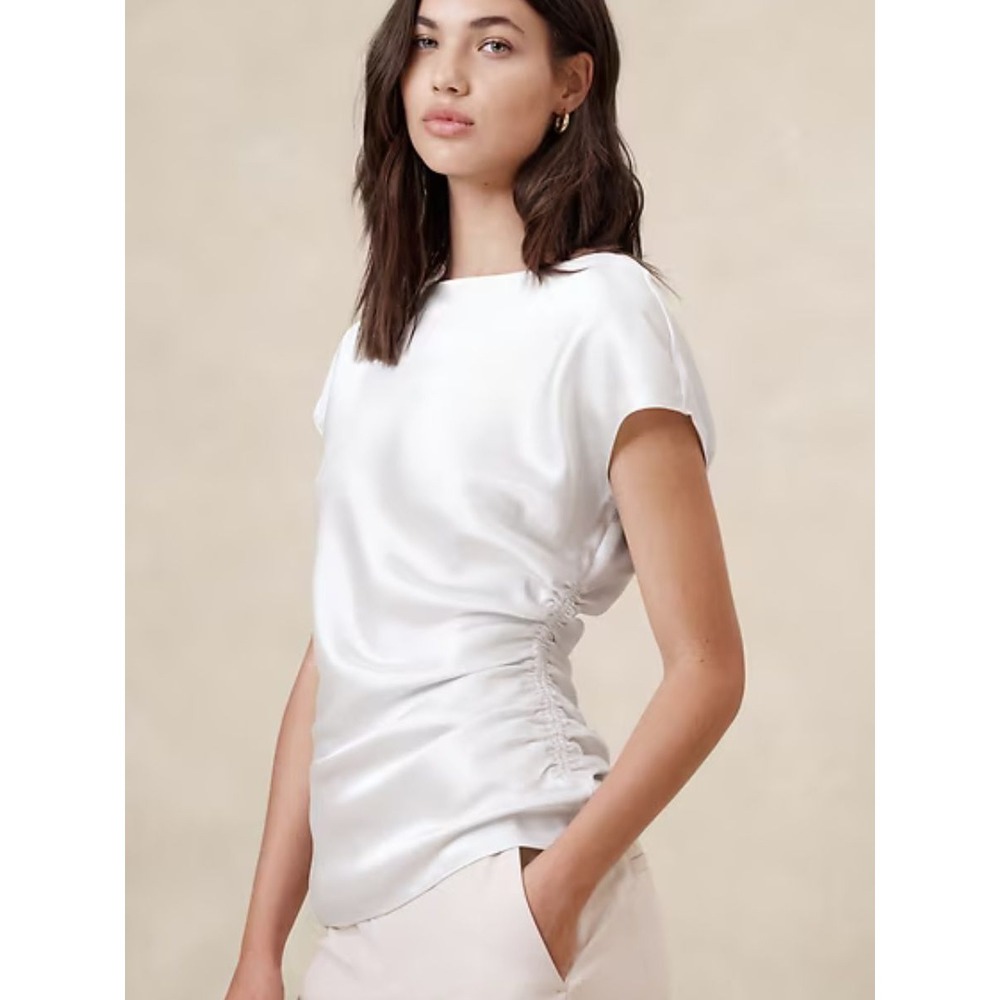 Banana Republic Factory Satin Side-Shirred Blouse, Ivory - Size 4 Small
